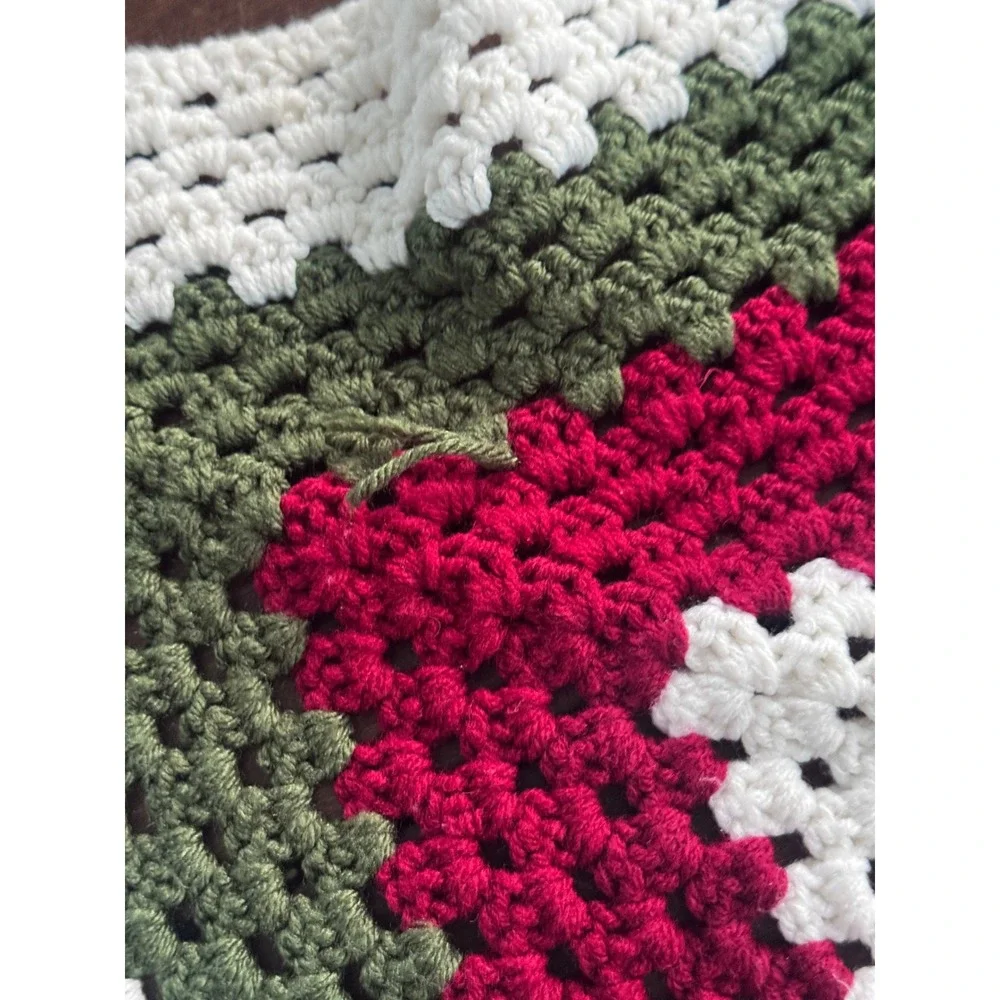 Handmade Crochet Granny Square Throw Blanket Green Red White Afghan 54x54